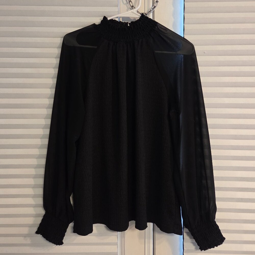 Black Semi‑Formal Blouse – Size Large – Sheer Long Sleeves